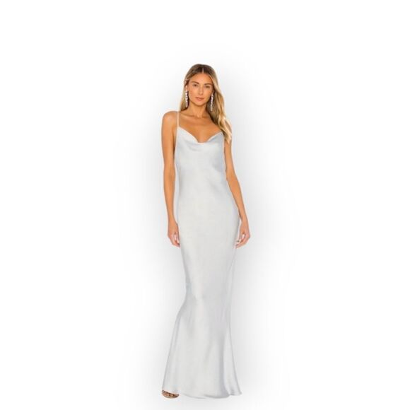 Shona Cowl Neck Satin Gown Light Blue Long Slip Maxi Dress Formal Evening - Picture 1 of 15